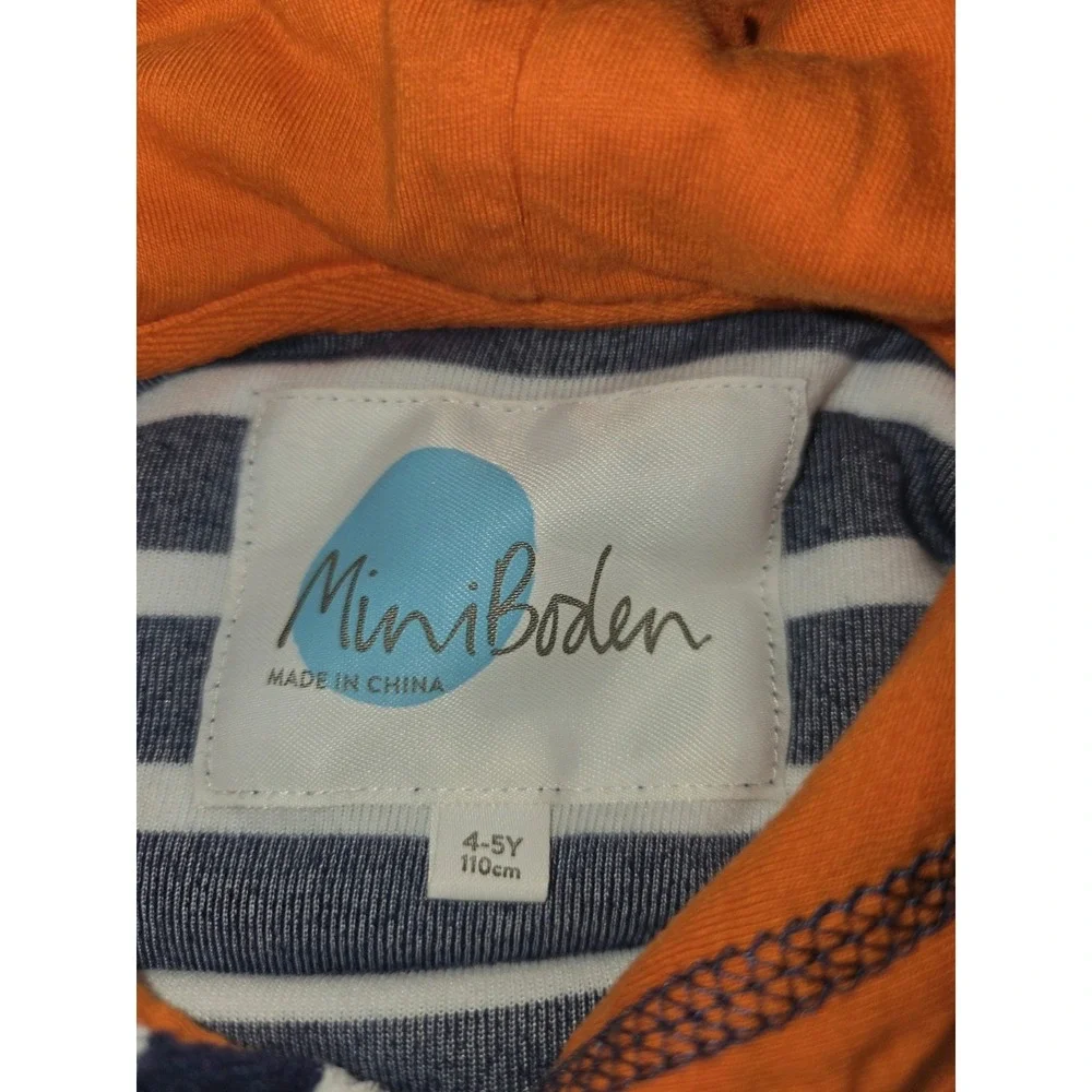 Mini Boden Kids Striped Terry Cloth Hoodie Pullover Orange Lining Size 4-5 Years